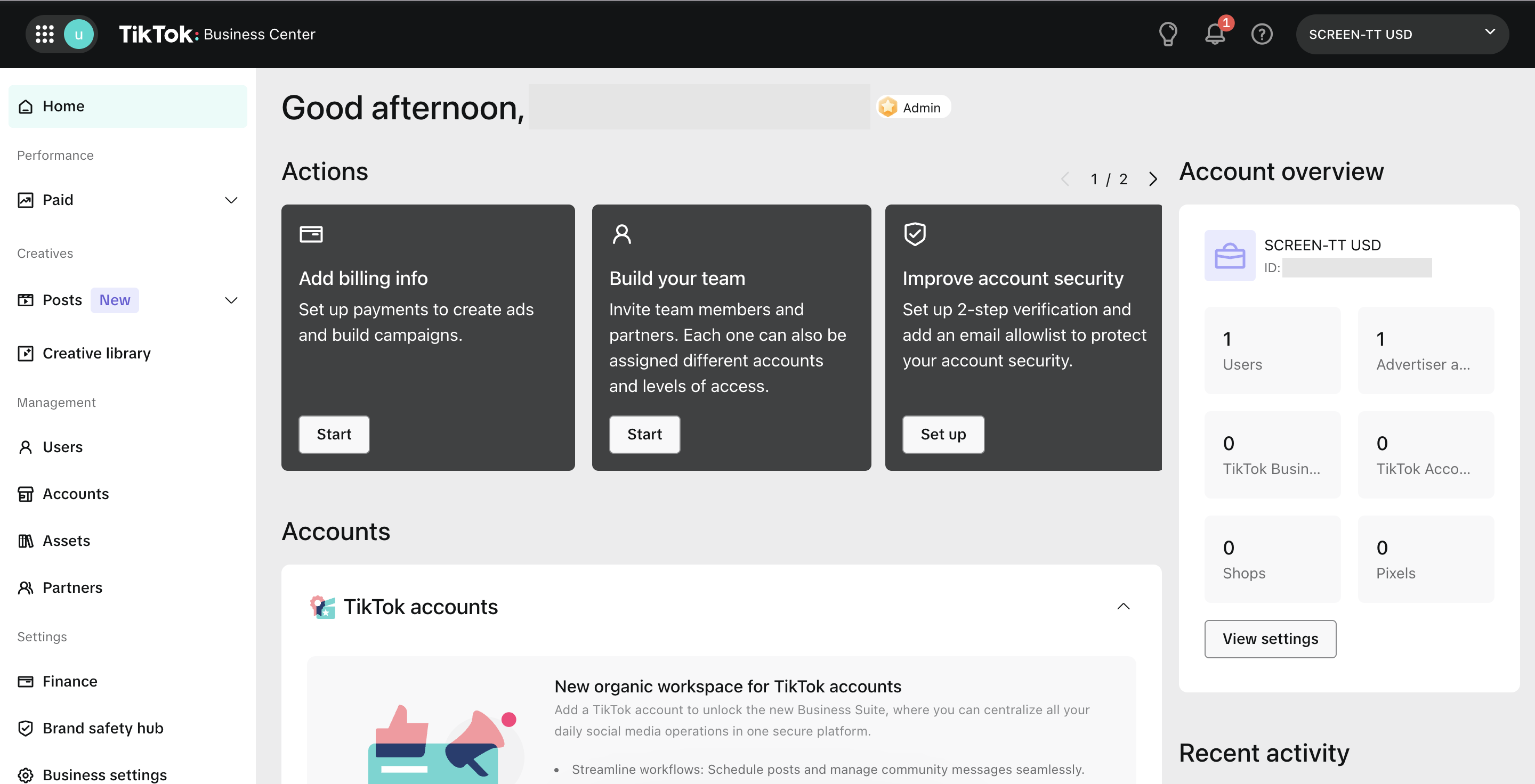 Главный экран TikTok Business Center