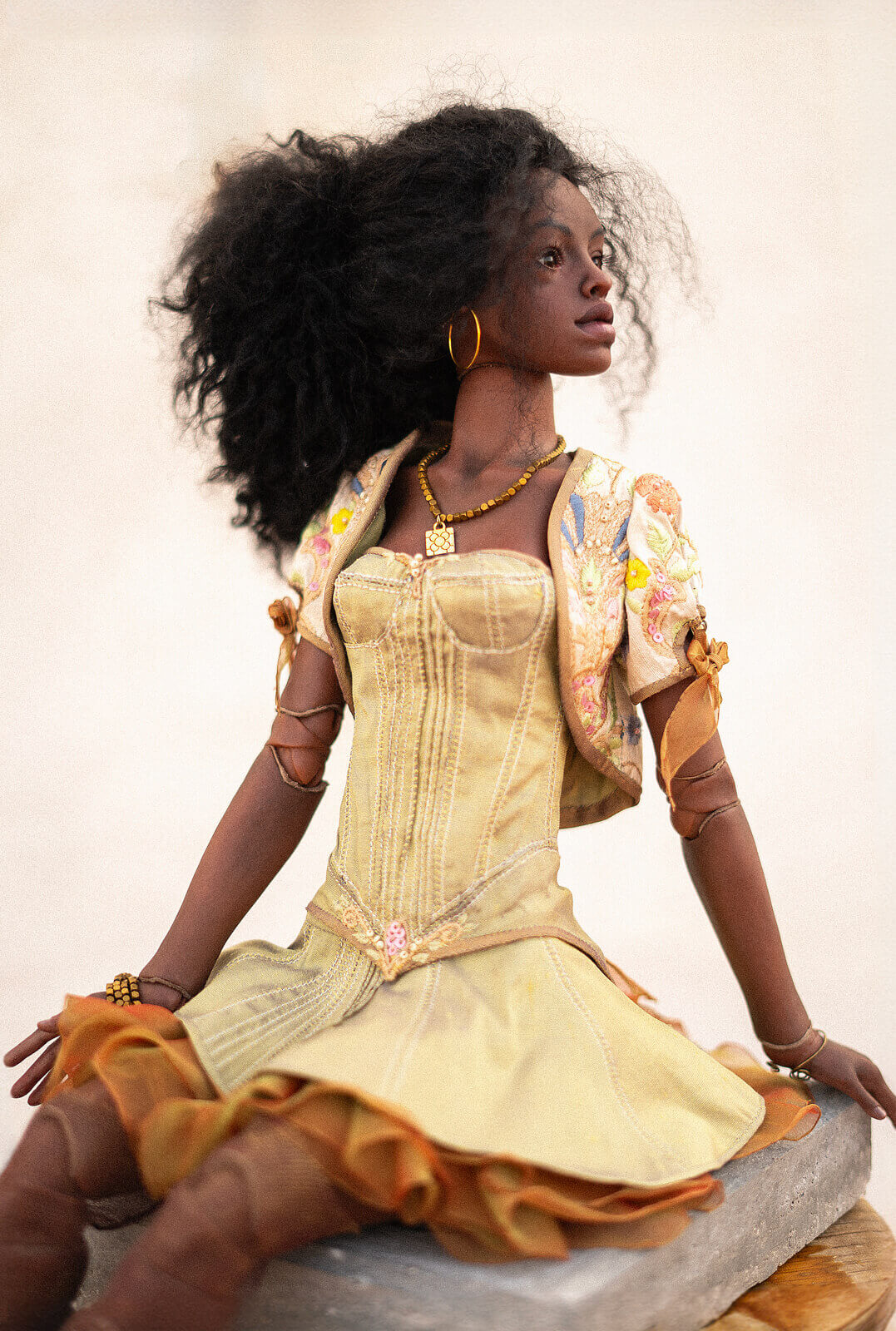 Dark-skinned BJD doll named Nina sitting in a relaxed pose