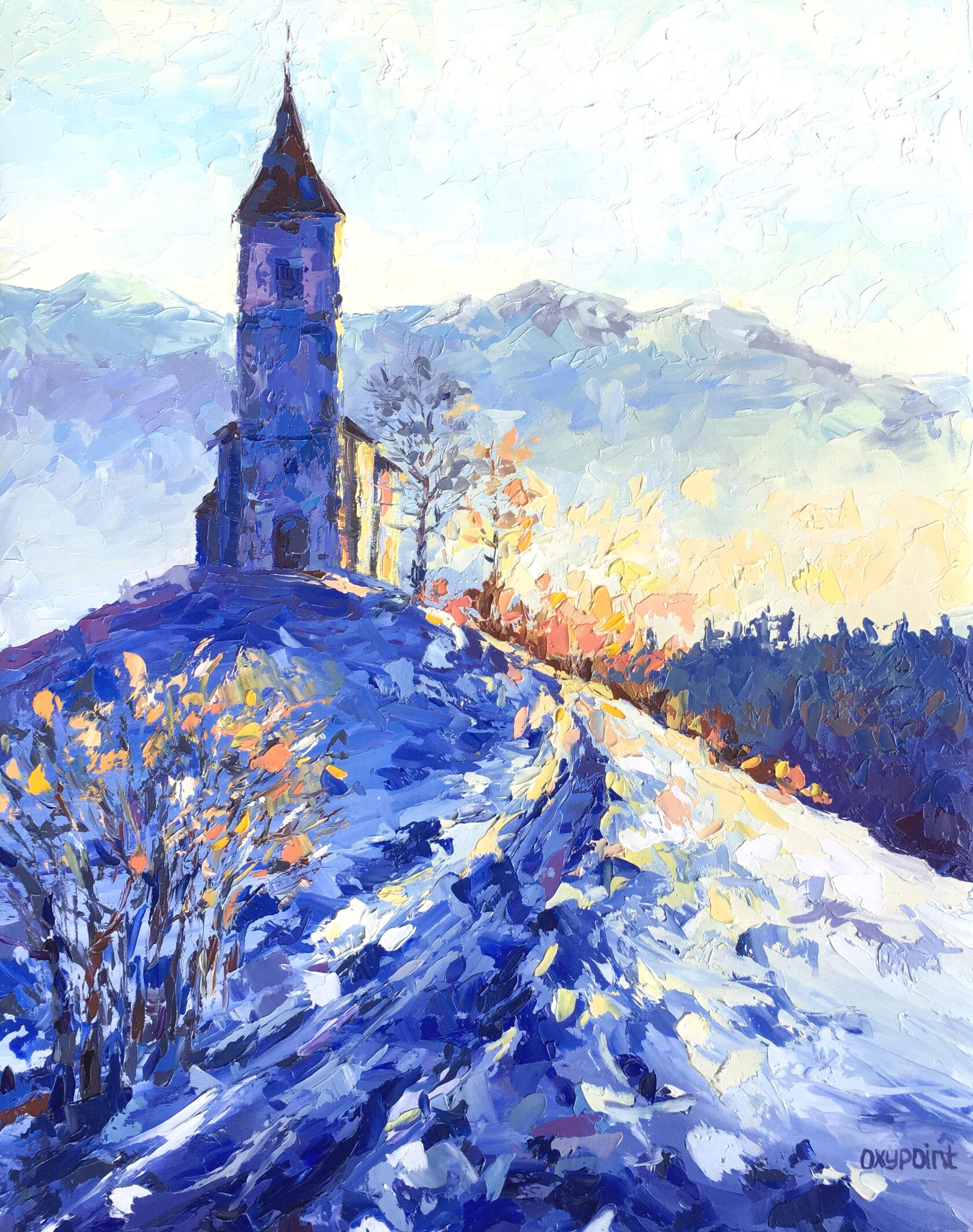 snow oil painting, Church of St. Primož and Felicijan, Jamnik, Slovenia art
